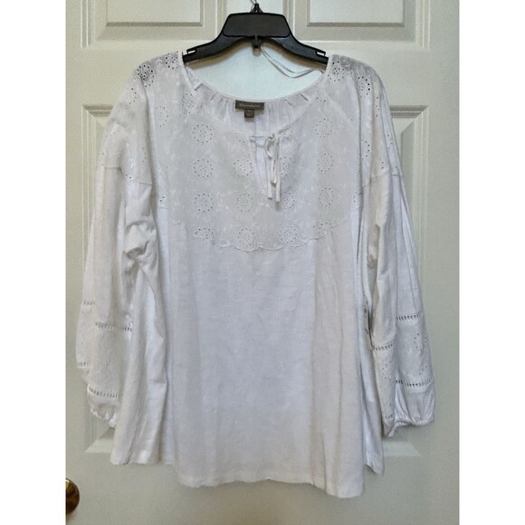 STYLE & CO. WOMENSPLUS SIZE 3X WHITE EYE TRIM TIE-NECK PESANT TOP EMBROIDERED - Picture 1 of 6